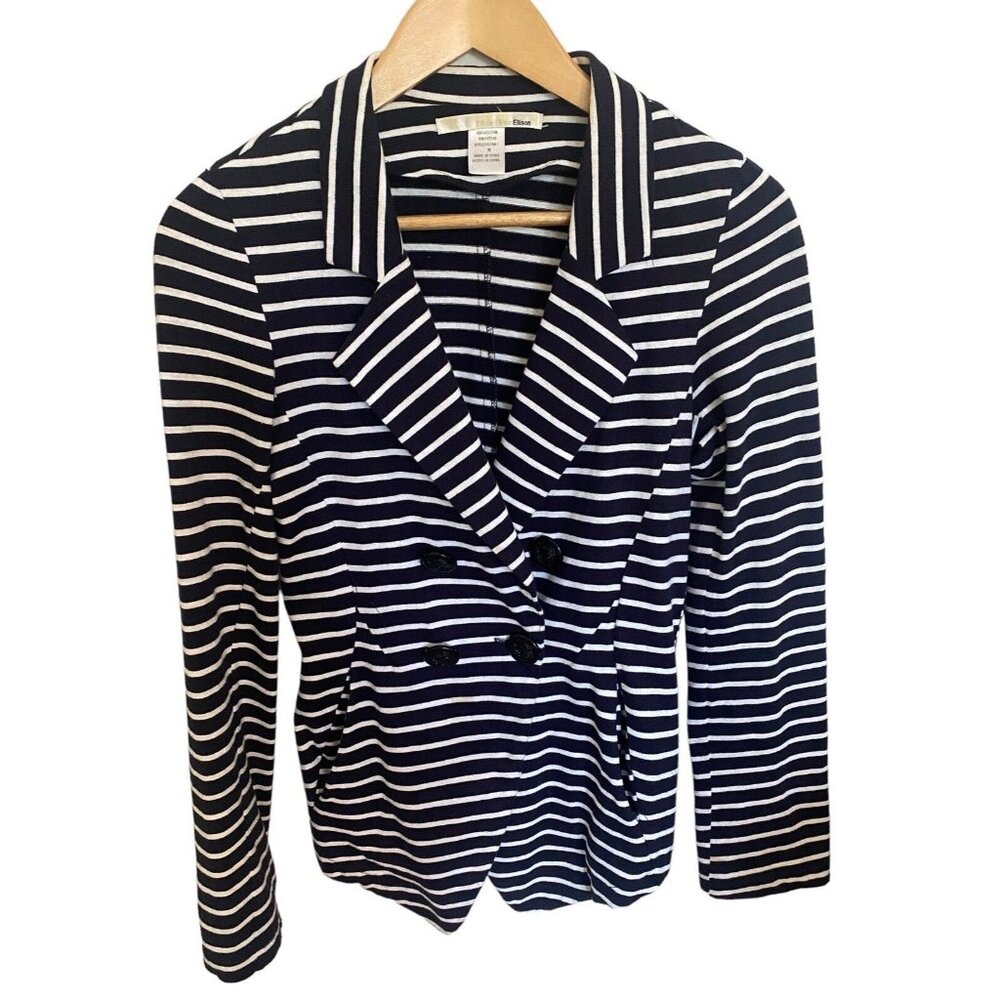 Ellison Womens Size M Summer Blazer Jacket Navy White Stripe Nautical 2 Pocket